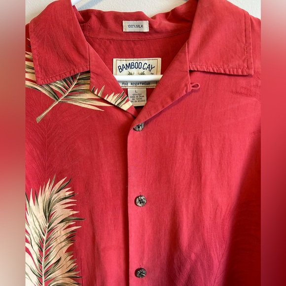 Bamboo Cay Shirt Mens Red Silk Hawaiian Bamboo Leaves Embroidered Relaxed Size L - Picture 4 of 6